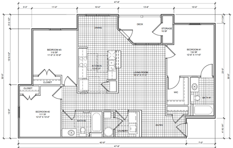 Floor plan for 3 beds, 2 baths, 1212 sqft